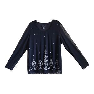 LANE BRYANT Women 14 16 Blouse Top Black White Embroidered Semi Sheer Lined 44"
